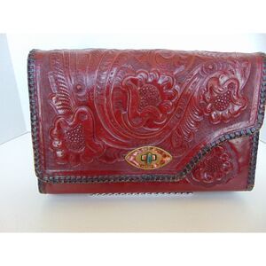 Vtg 1940's Reversible Red and Black Embossed Leather purse Hand Tooled Leather
